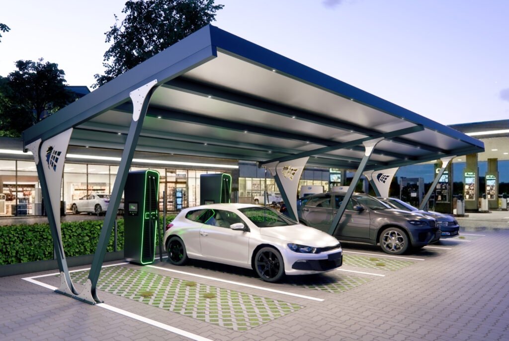 Carport photovoltaïque quatre places sur une grande aire de stationnement (image produit fabricant)