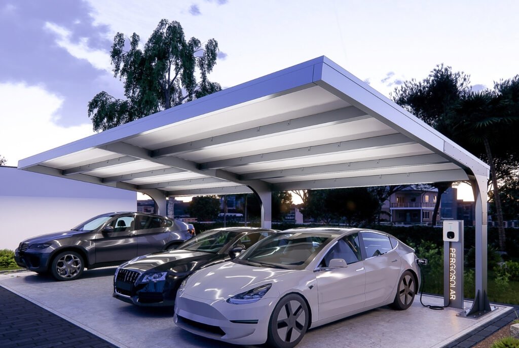 Solar carport in Bulle with photovoltaic roof and electric cars