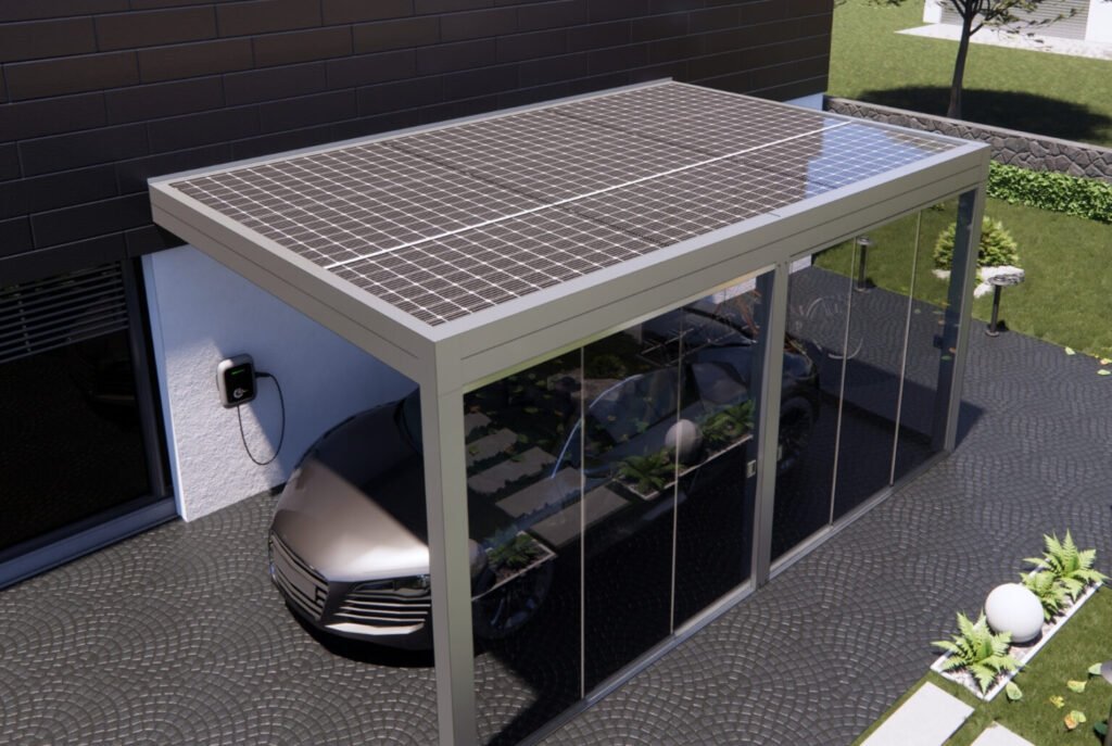 Carport photovoltaïque résidentiel pour voitures (image produit fabricant)