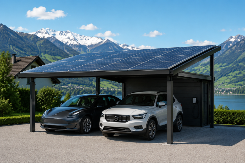 Carport solaire 2 places avec panneaux photovoltaïques intégrés en toiture