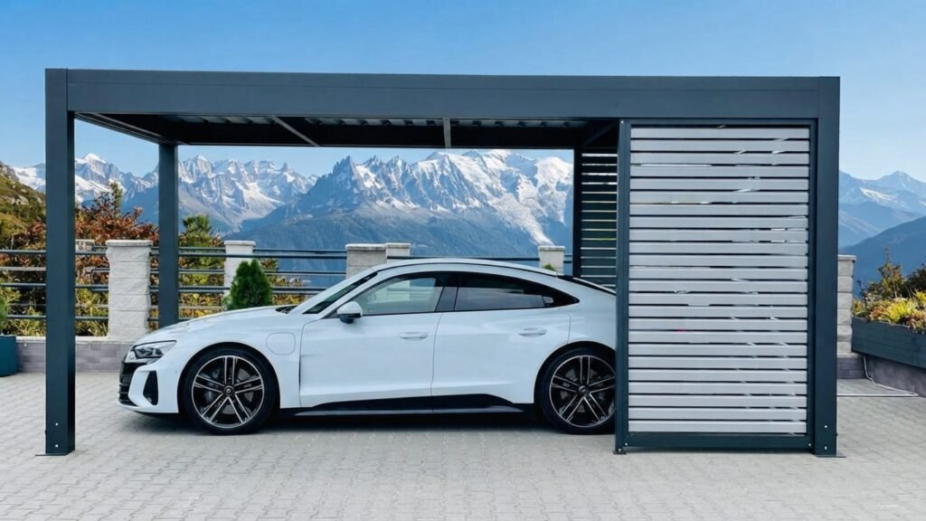 Carport solaire Volterra anthracite avec brise-vue latéral et voiture électrique, face aux Alpes suisses