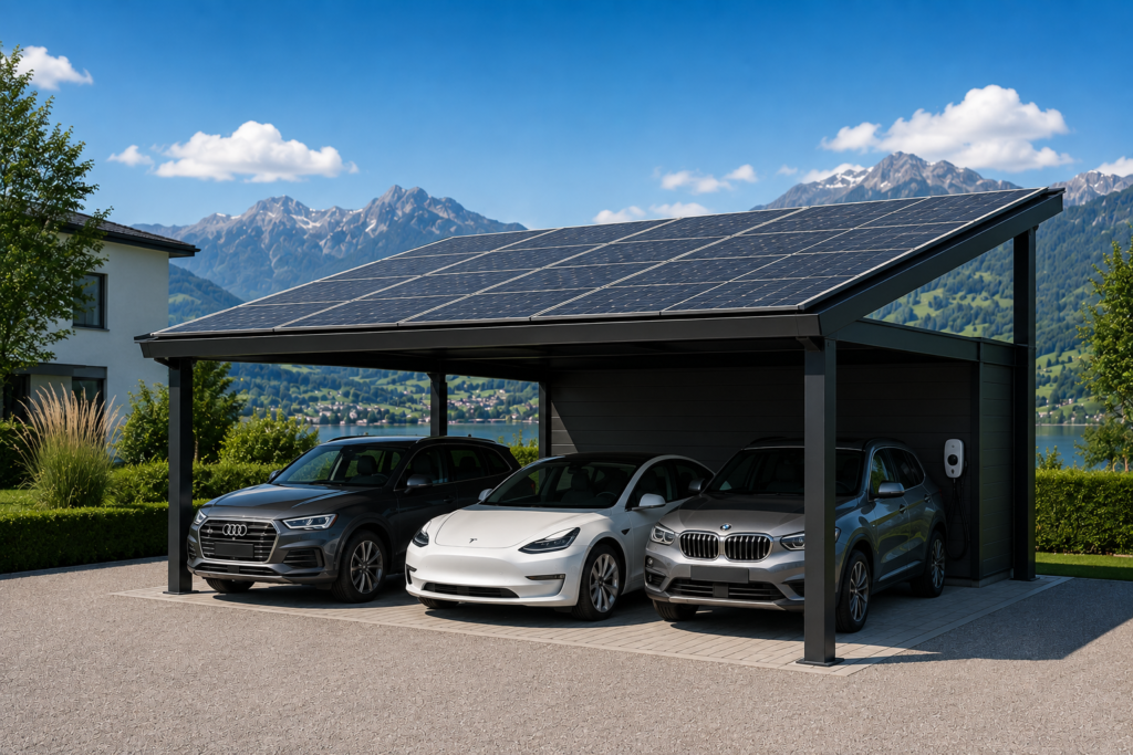 Carport photovoltaïque moderne abritant deux véhicules