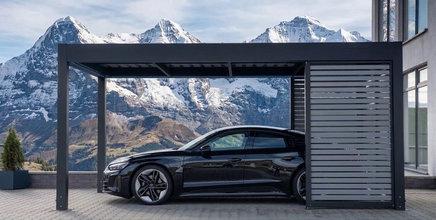 Carport solaire Locarno anthracite à toit plat avec brise-vue à lames intégré