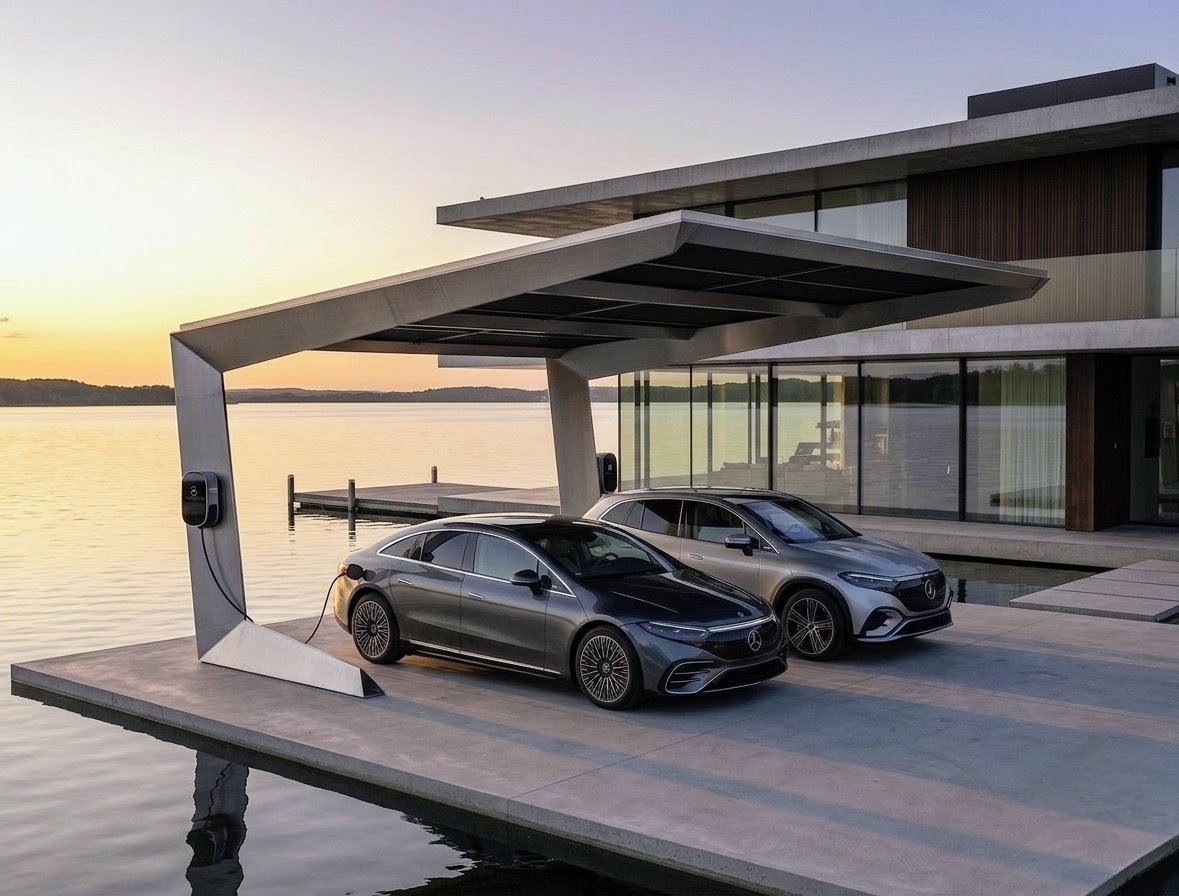 Carport solaire design Lugano en porte-à-faux sur piliers en V, deux voitures en recharge